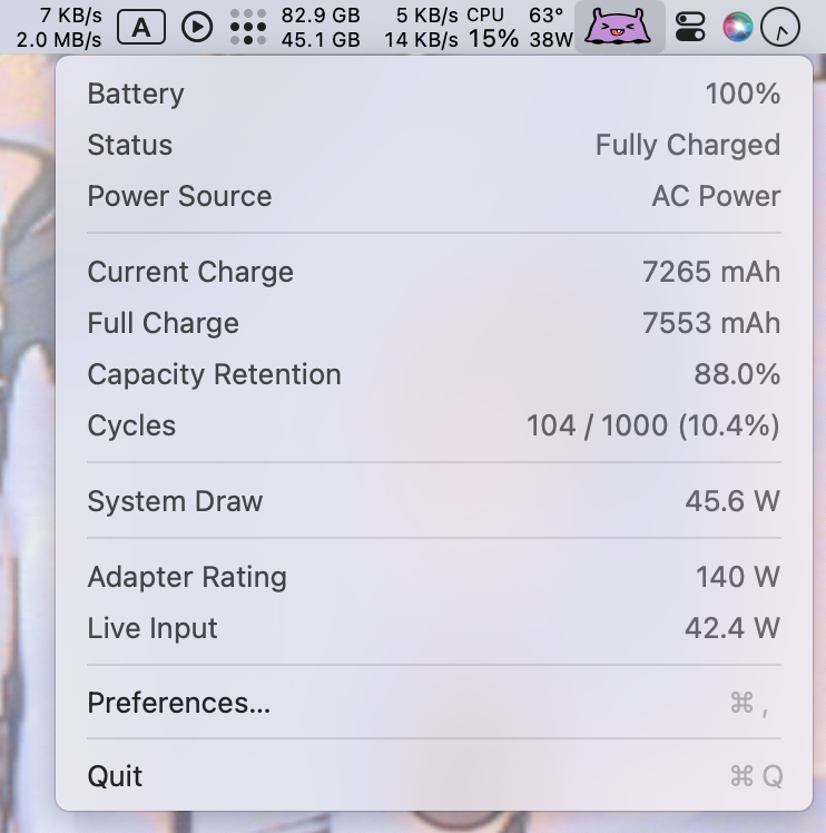 Battakorey menu showing battery status, capacity, system draw, and live input